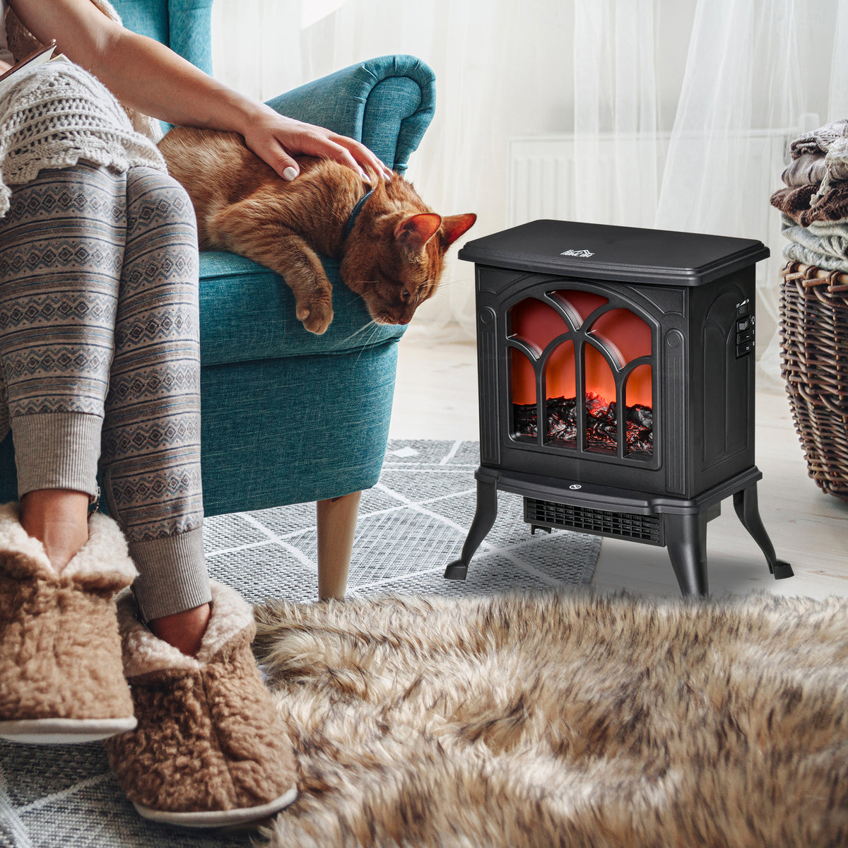 Cheminée électrique sur pied 750/1500 W, fausse cheminée décorative avec effet flamme LED, protection contre la surchauffe, zone de couverture 15-20 m², noir-9