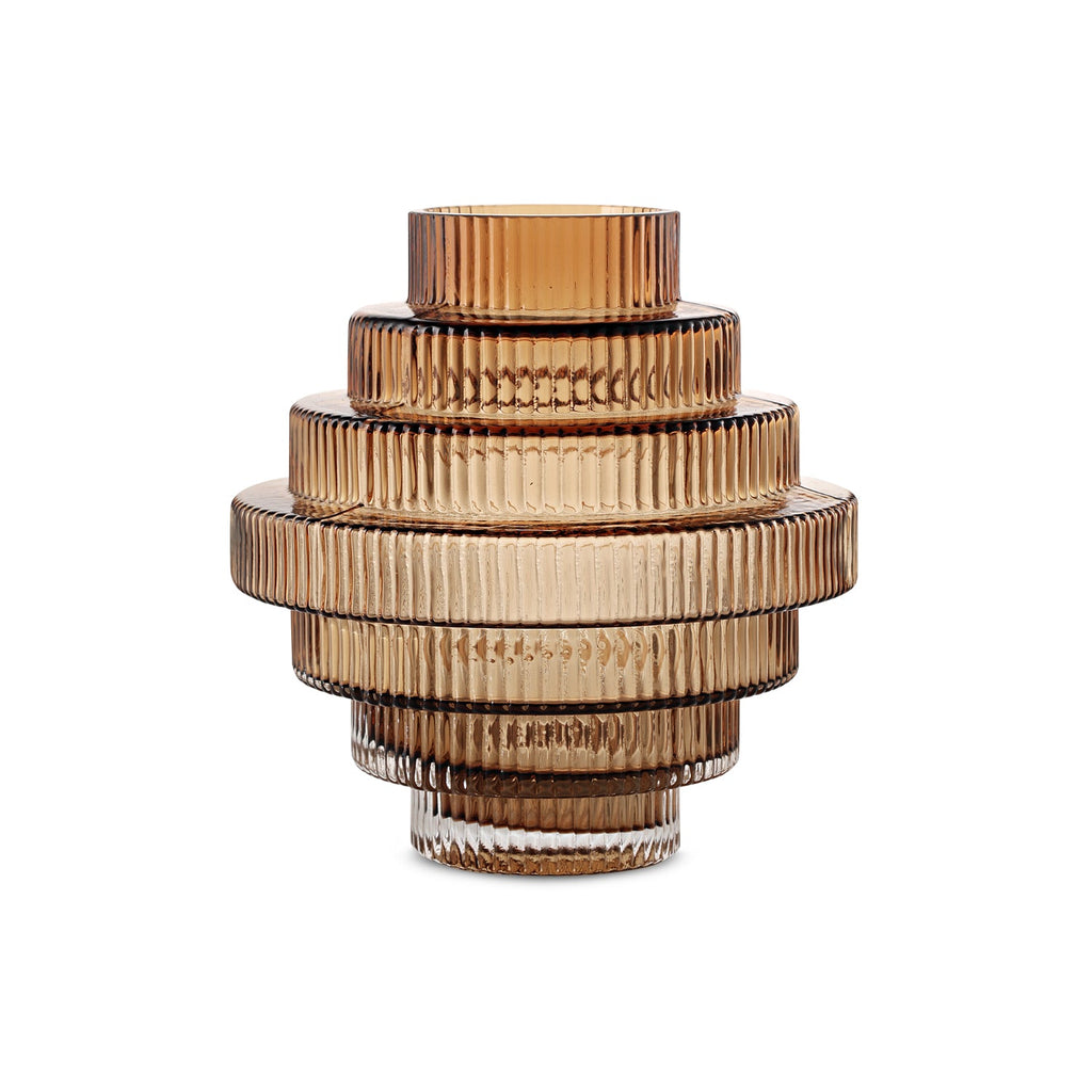 Ribbed Layered Wide Glass Vase-Medium-Amber