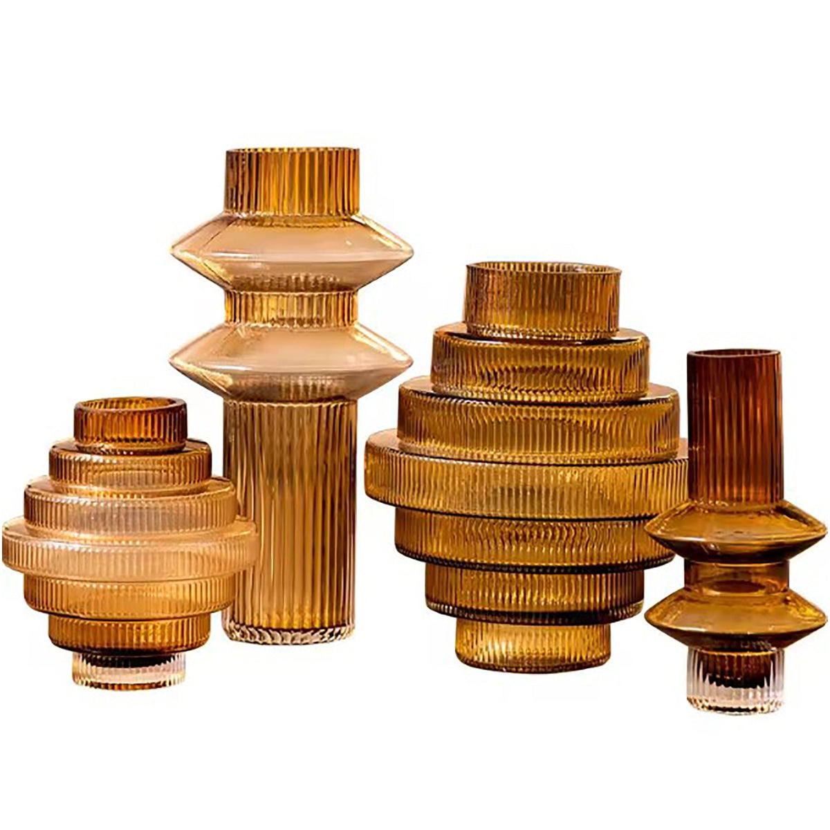 Ribbed Layered Wide Glass Vase-Medium-Amber