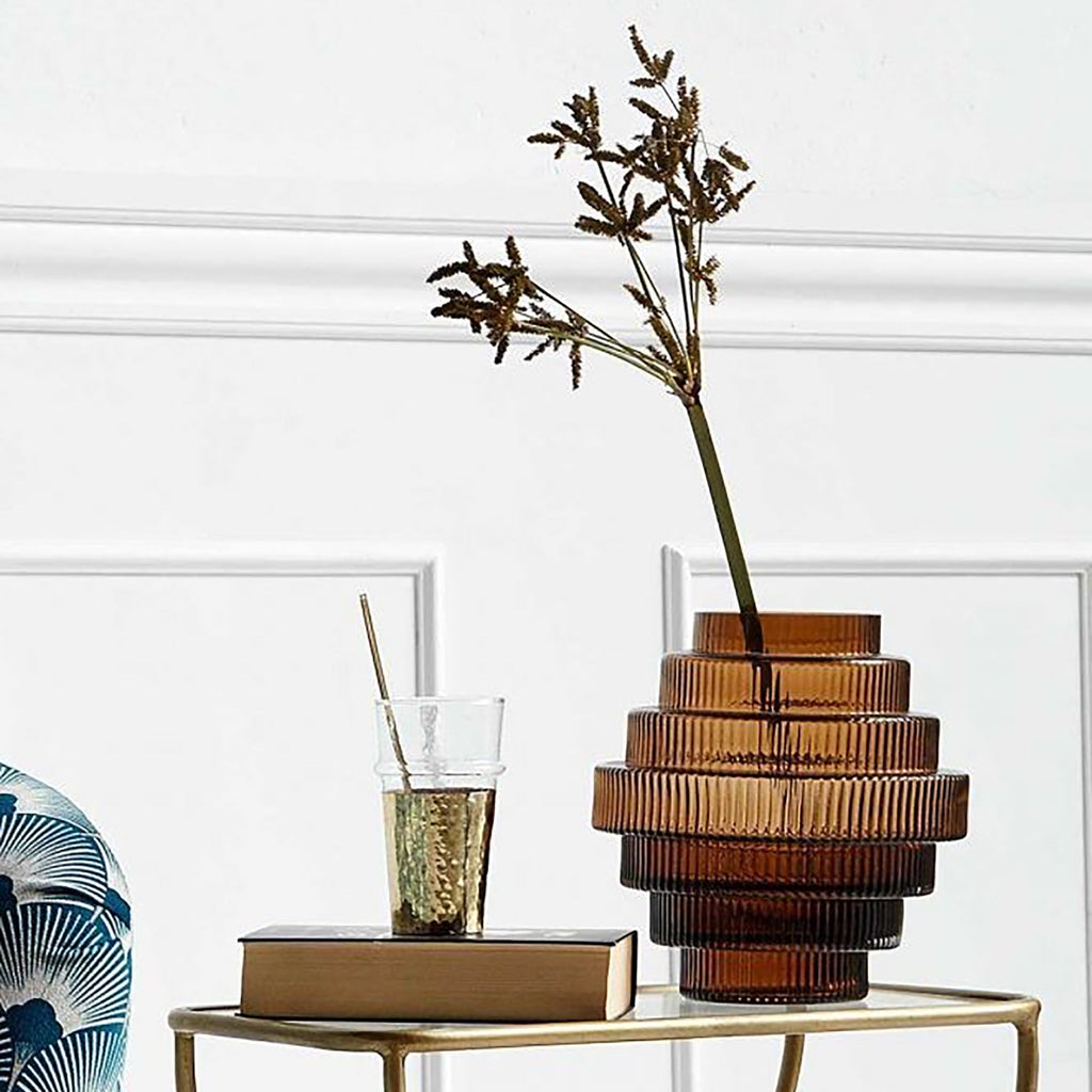 Ribbed Layered Wide Glass Vase-Medium-Amber