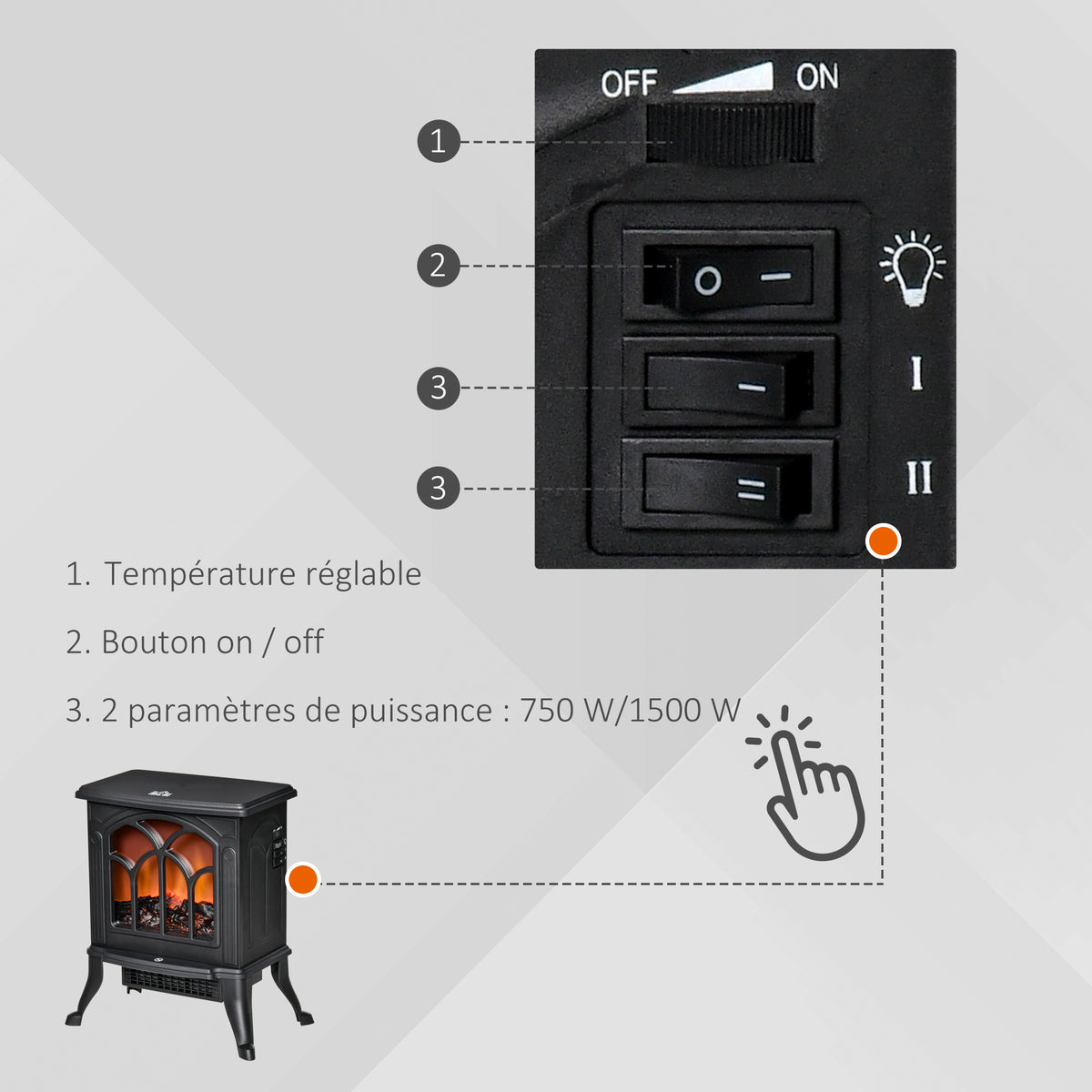 Cheminée électrique sur pied 750/1500 W, fausse cheminée décorative avec effet flamme LED, protection contre la surchauffe, zone de couverture 15-20 m², noir-4