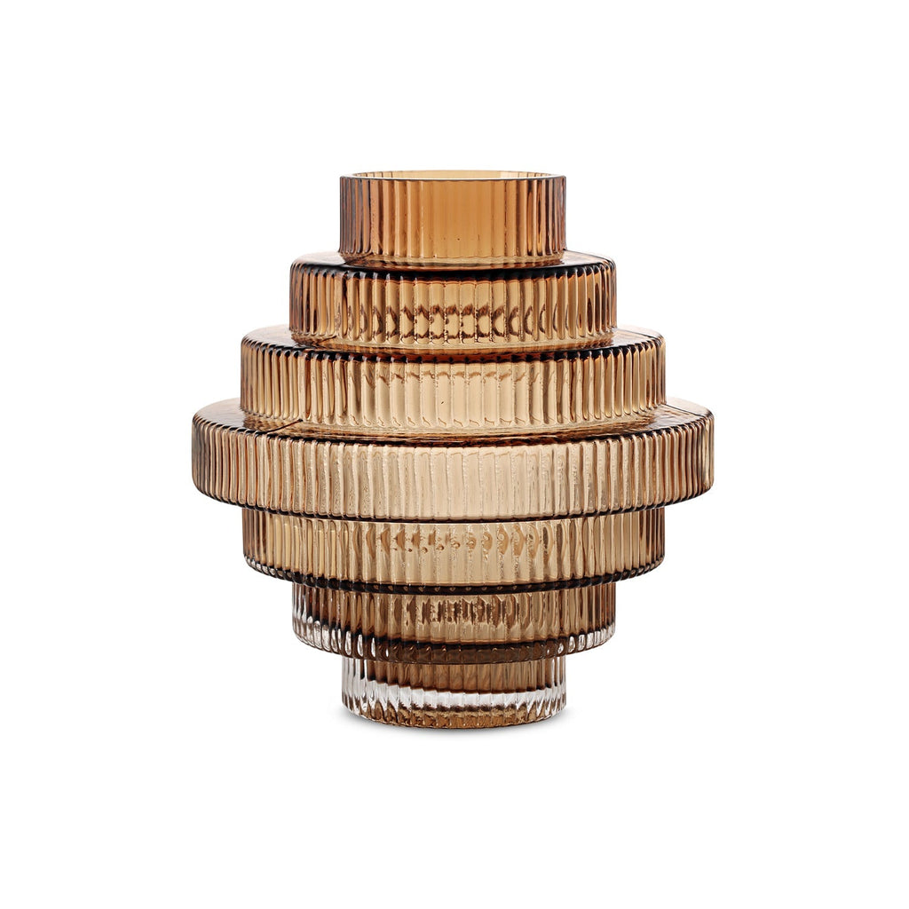 Ribbed Layered Wide Glass Vase-Medium-Amber